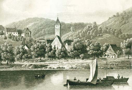 Radierung: Hochhausen mit Schloss und Notburgakapelle, 1842