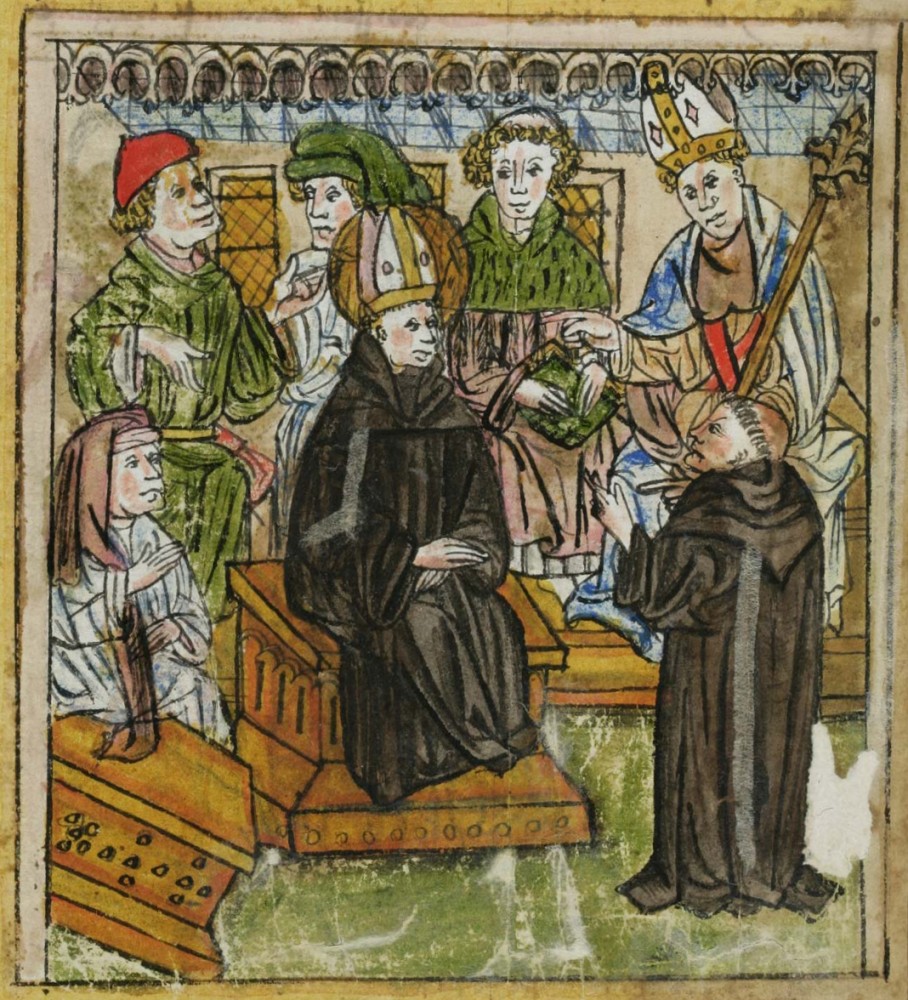 Buchmalerei: Otmar vor dem Gericht, aus: St. Galler Hausheilige und elsässische Legenda Aurea, 1451 - 1460