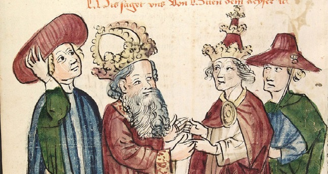 Buchmalerei: Otto (halblinks) mit Papst Johannes XII. (halbrechts)