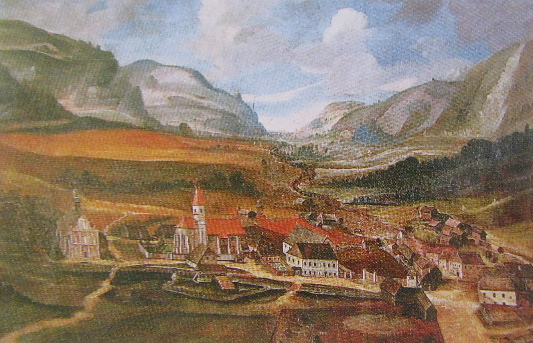 Ölbild: Pfarrkirche und links die damalige Wallfahrtskirche in Spital am Semmering, um 1650, im Pfarrhof in Spital