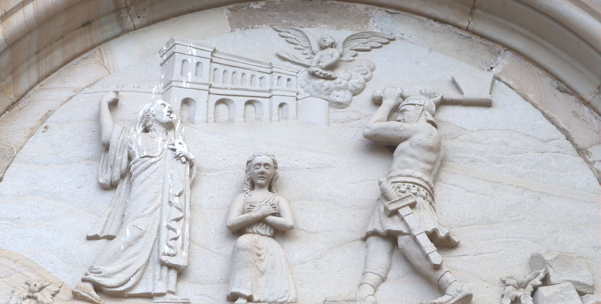 Tympanon: Pantaleons Martyrium, 1897, an der Kirche Saint-Symphorien in Autun