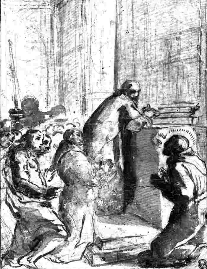 Andrea Sacchi (zugeschrieben): Die Hostie erscheint Paschalis Baylon, Skizze, Mitte des 17. Jahrhunderts