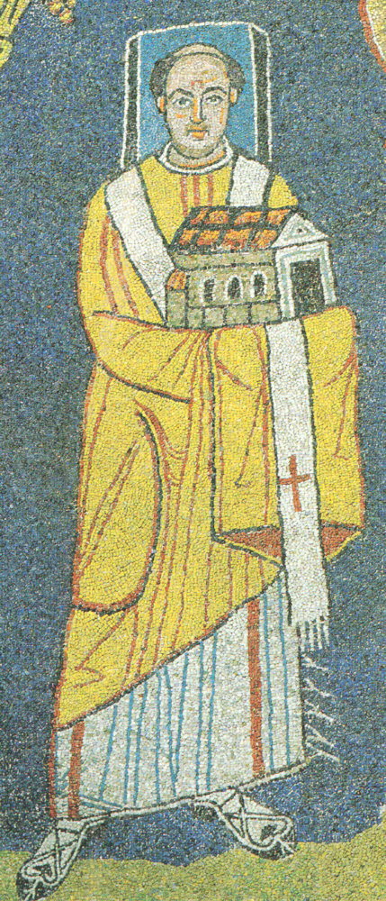 Mosaik an der Apsis der Basilika Santa Prassede in Rom, erstellt zu seinen Lebzeiten, was der rechteckige 'Heiligenschein' um seinen Kopf anzeigt