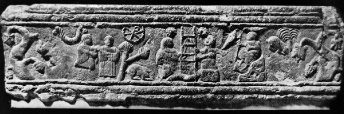 Relief: Perpetua und Saturus an der Himmelsleiter, auf einem Sarkophag aus Quintana-Bureba bei Burgos, 4. Jahrhundert, heute im archäologischen Museo de Burgos in Burgos