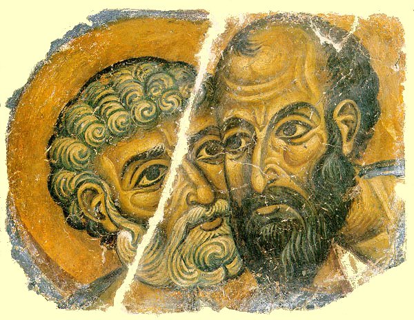 Griechisches Fresko: Die Umarmung von Petrus und Paulus, 12. Jahrhundert, Vatopedi-Kloster auf dem Athos