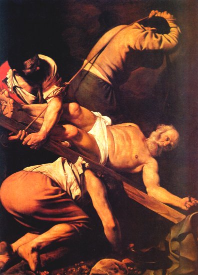 Caravaggio: Die Kreuzigung des Petrus, 1600 in der Cerasi-Kapelle in der Kirche Santa Maria del Popolo in Rom