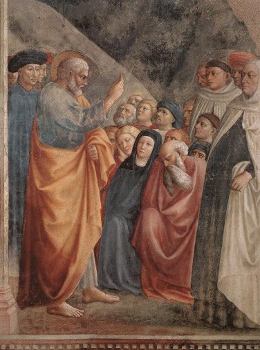 Masolino da Panicale: Petrus predigt, 1426 - 1427, Fresko in der Cappella Brancacci der Kirche Santa Maria della Carmine in Florenz
