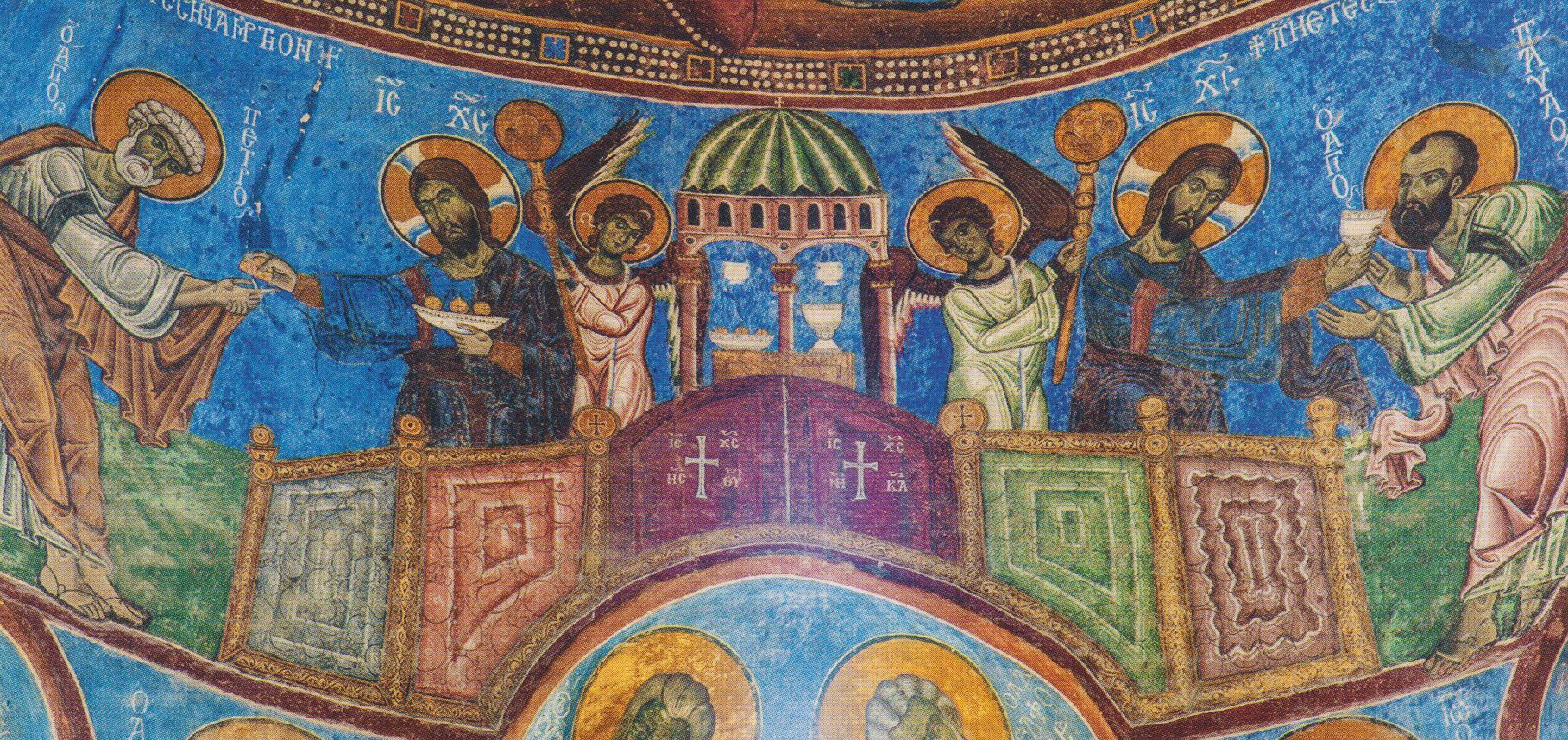 Fresko: Christus teilt das Abendmahl aus an Petrus (links) und Paulus, um 1250, im Kloster in Achtala in Armenien