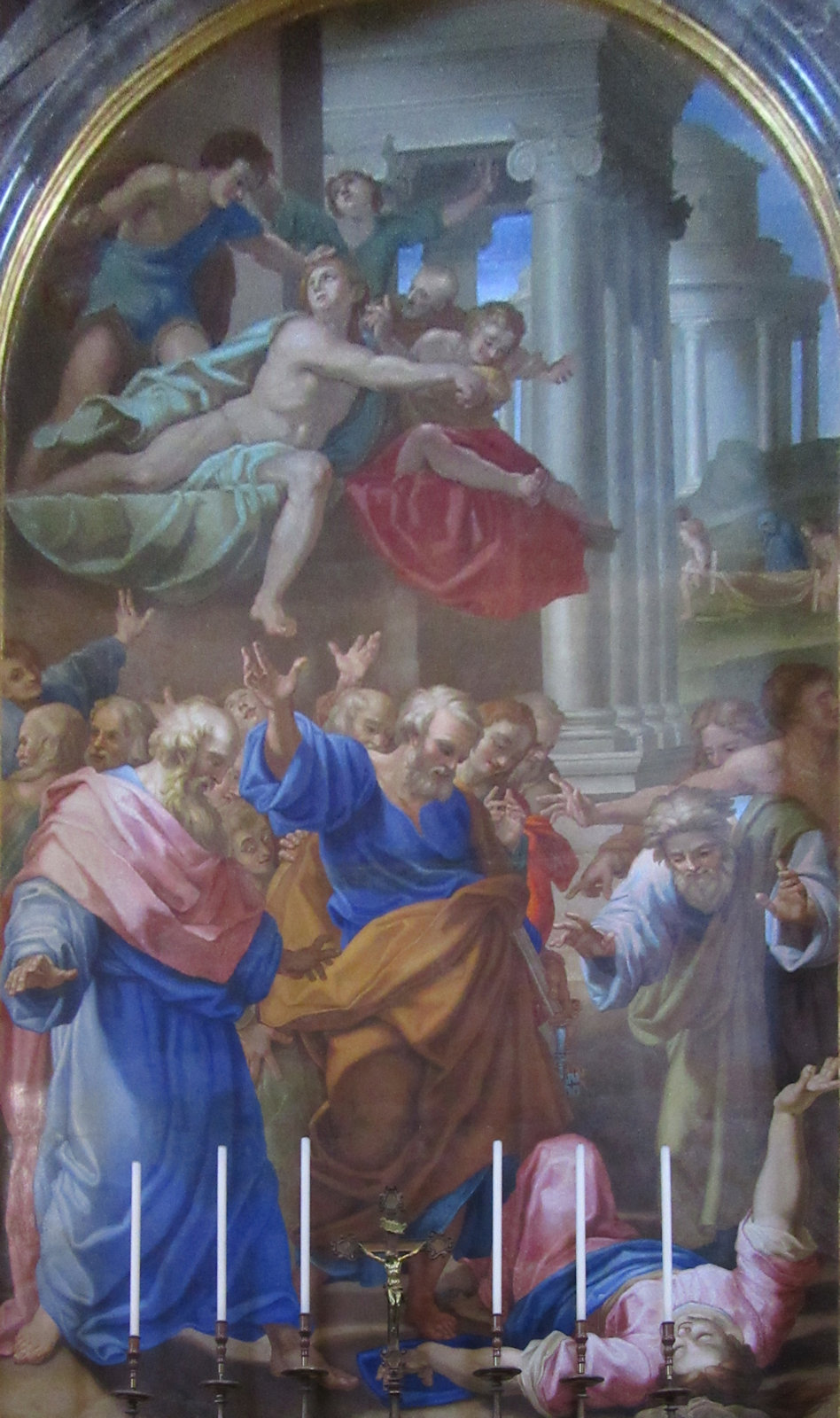 Cristoforo Roncalli („il Pomarancio”): Die tot umgefallene Saphira vor Petrus, der zuvor gestorbene Ananias wird im Hintergrund weggetragen, Altarbild (Kopie), 1604, im Petersdom in Rom