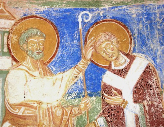 Hermagoras wird von Petrus (links) zum Bischof geweiht. Fresko, 12. Jahrhundert, in der Krypta der Basilika von Aquileia