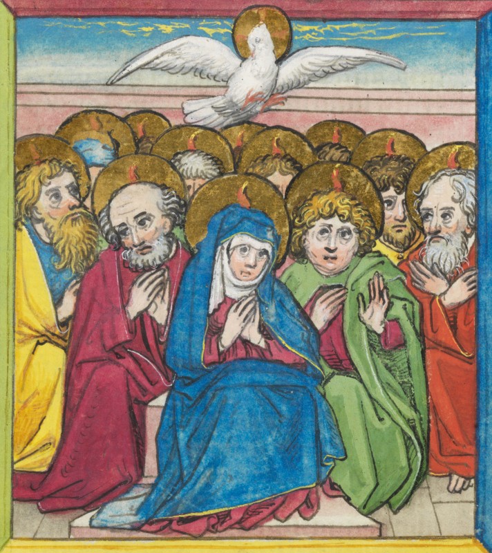 Buchmalerei aus der „Devotionale Abbatis Ulrici Rösch”: das Pfingtereignis, um 1472 (?), in der Bibliothek des Klosters in St. Gallen