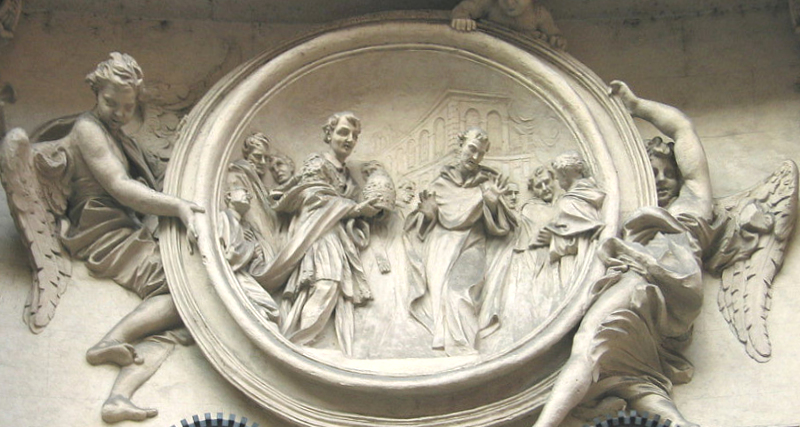 Antonio Raggi: Philippus lehnt das Papstamt ab, Relief, 1683, an der Kirche San Marcello al Corso in Rom