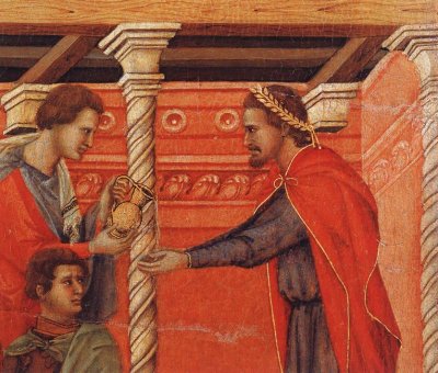 Duccio di Buoninsegna: Pilatus wäscht seine Hände in Unschuld (Detail) - nach Matthäusevangelium 27, 24, 1308 - 1311, Museo dell'Opera del Duomo in Siena