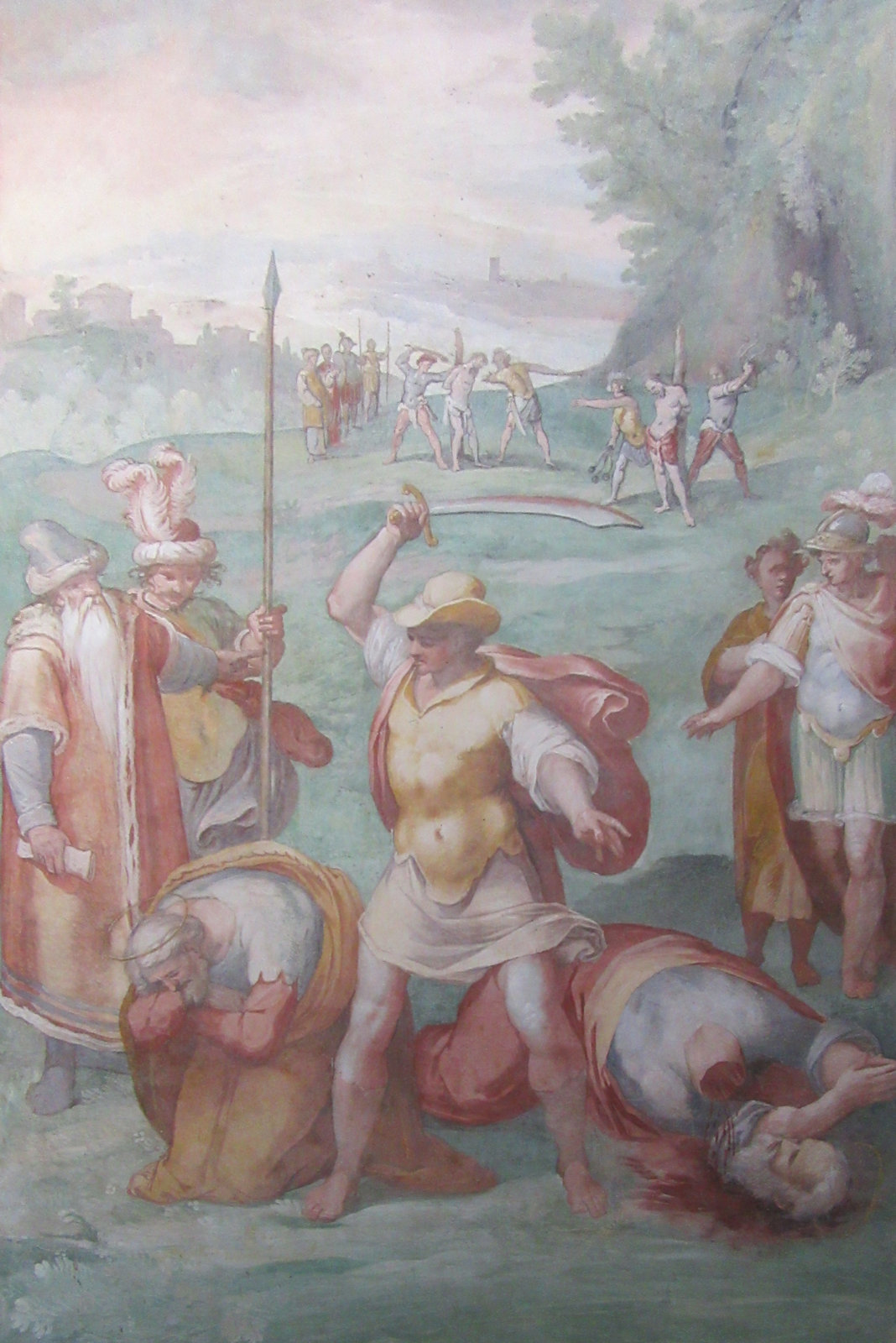 Primus' und Felicianus' Enthauptung, Fresko in der Primus und Felicianus geweihten Kapelle der Kirche San Stefano Rotondo in Rom