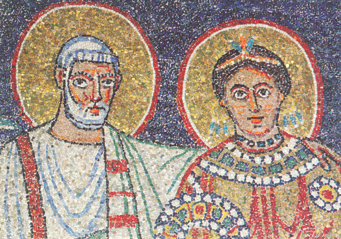 Petrus mit Pudentiana, Mosaik, um 820, in der Apsis der Basilika Santa Prassede in Rom, erstellt zu seinen Lebzeiten, was der rechteckige 'Heiligenschein' um seinen Kopf anzeigt