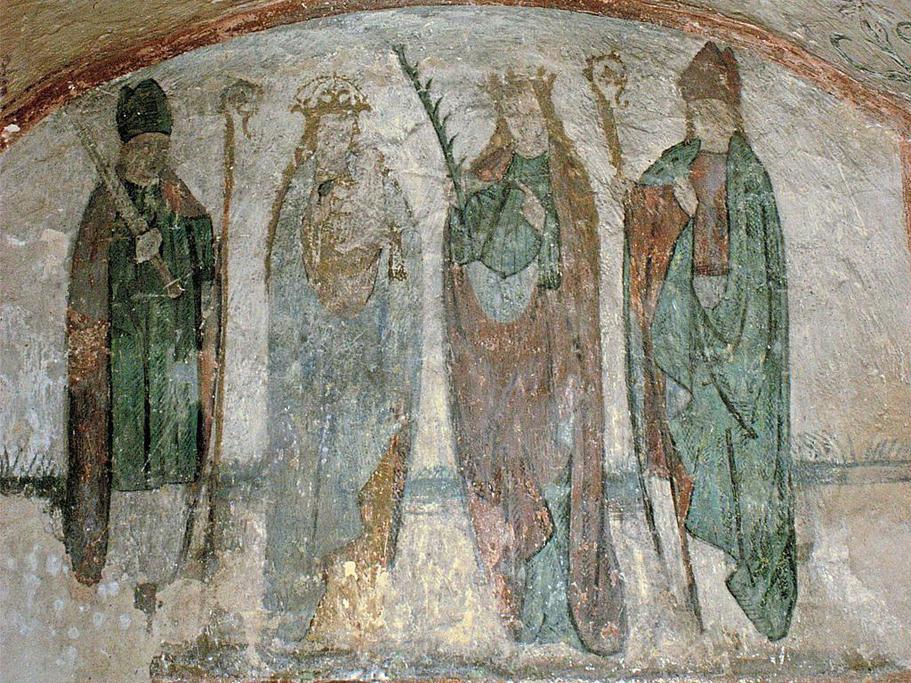 Wandmalerei: Pusinna (halbrechts) undMaria (halblinks) mit zwei Bischöfen, im Münster in Herford