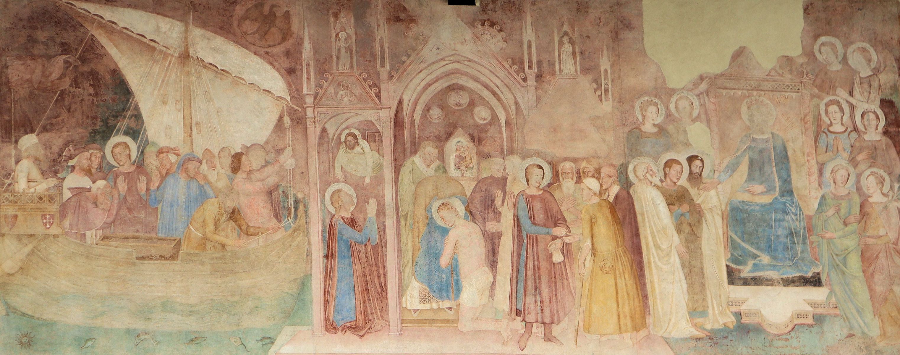 Andrea di Bonaiuto: Rainer fährt ins Heilige Land, bekommt das Pilgergewand, hat eine  Christus-Vision und verehrt Maria, Fresko, 1377, in den Arkaden des Campo Santo in Pisa