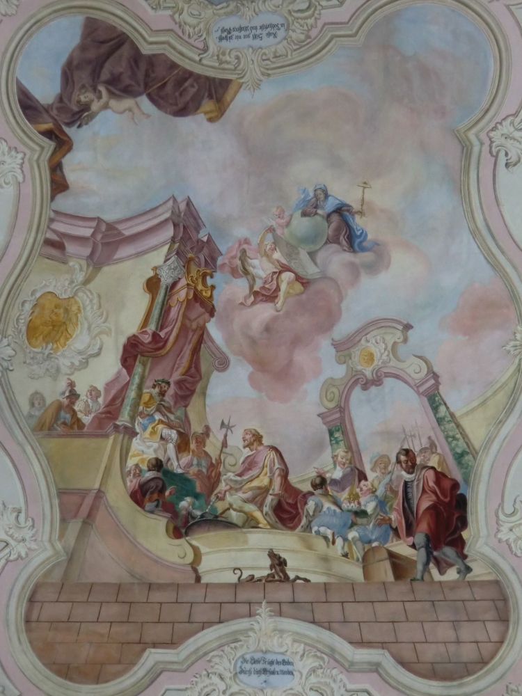 Joseph Hartmann: Rasso bittet Herzog Heinrich um Entlassung aus dem Kriegsdienst, Deckenfresko, 1747, in der Wallfahrtskirche in Untergammenried