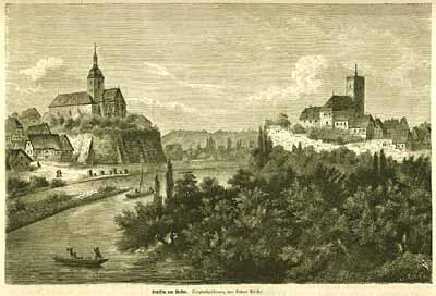 Holzstich nach Adolf Stieler: Regiswindis-Kirche in Lauffen mit gegenüberliegender Burg auf der Neckarinsel, 1870