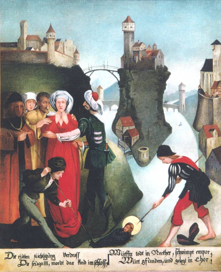 Farbtafel (Kopie): Regiswindis' Leiche wird gefunden, Ansicht des Ortes von Norden mit „Städtle” Lauffen (links), der Burg auf der Neckarinsel (Mitte) und der Kirche (rechts), um 1620, in der Regiswindis-Kirche