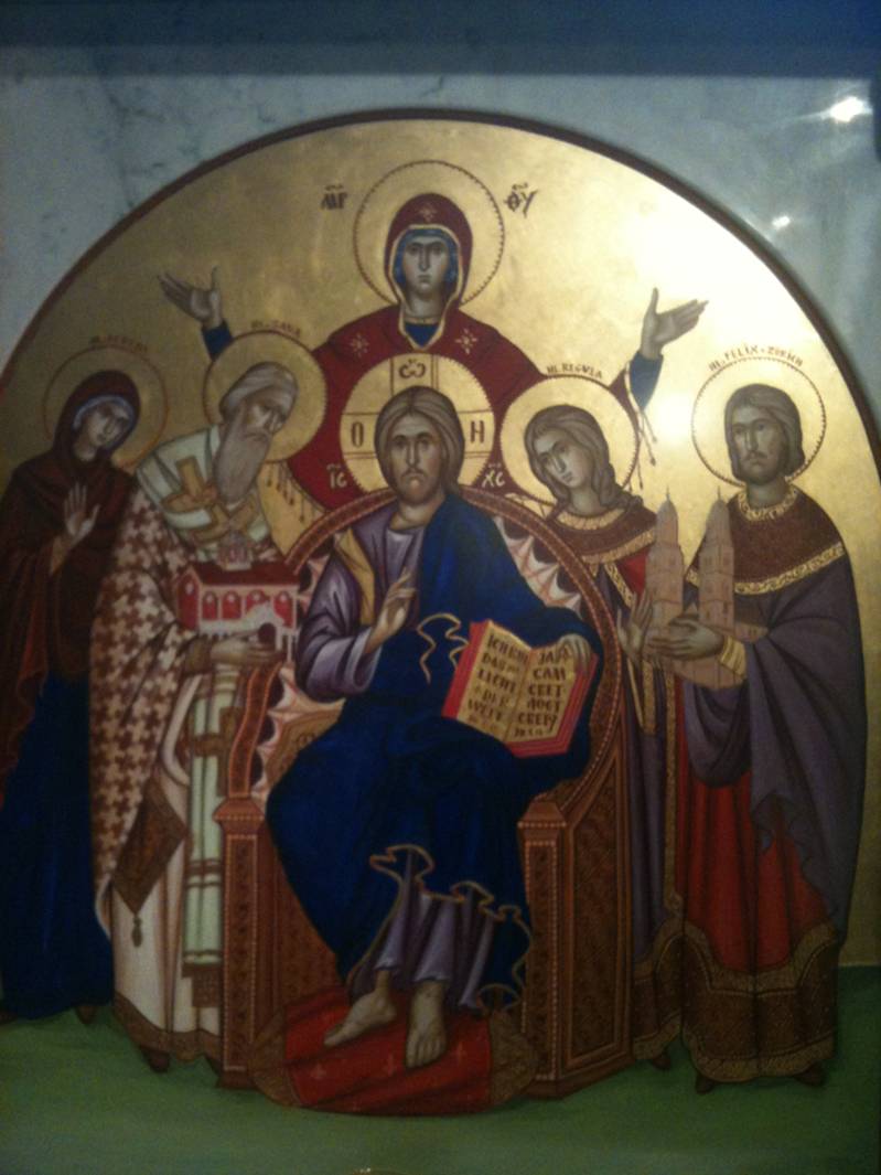 Ikone von Miroslav Simijonivić, 2011: Maria und Jesus Christus mit Verena von Zurzach (links), Sabas I. von Serbien (halblinks), Regula (halbrechts) und Felix (ganz rechts)