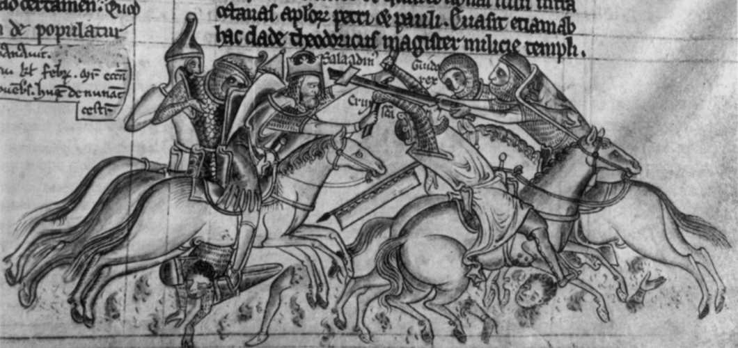 Matthew Paris: Eroberung des Kreuzes durch Saladin im Jahr 1187. Buchmalerei aus der „Chronica Majora”, Bd. 1 (MSS 26), S. 279, um 1250