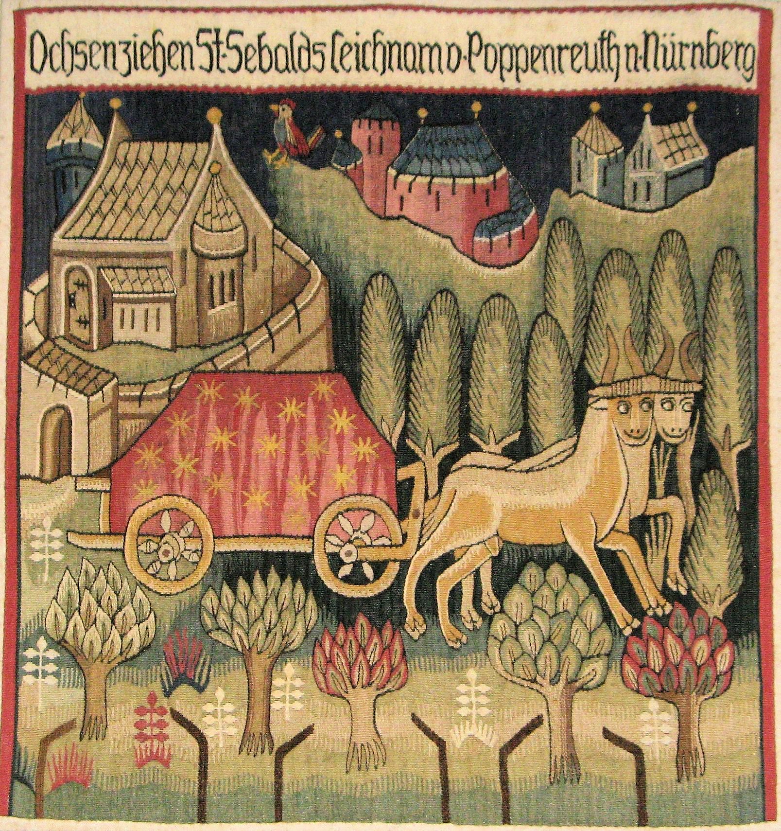 Wandteppich: Die Überführung der Gebeine von Sebaldus von Poppenreuth nach Nürnberg, um 1410, in der Kirche St. Peter und Paul in Poppenreuth, Original im Germanischen Nationalmuseum in Nürnberg