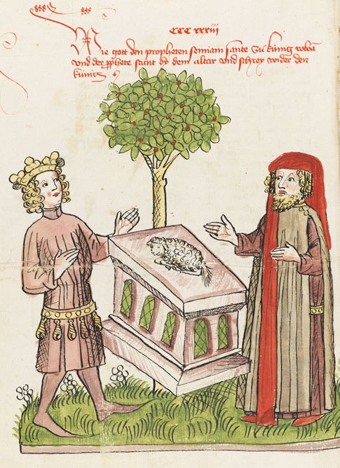 Buchmalerei: Der Prophet Semeja wirft König Roboam (sic!) dessen Götzendienst vor, um 1450, aus der Historienbibel aus der Werkstatt von Diebold Lauber in Hagenau, in der Kantonsbibliothek in St. Gallen