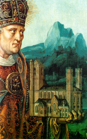 Anton Woensam von Worms: Bischof Severin mit dem Modell der nach ihm benannten Kirche, 1530