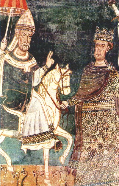 Silvester zieht in Rom ein und wird von Kaiser Konstantin empfangen. Fresko, 1246, in der Silvester geweihten Kapelle der Kirche der Quattro Coronati in Rom