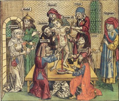 Michael Wolgemut: Holzschnitt über den Mord am Kind Simon; aus Hartmann Schedels 'Weltchronik', 1493