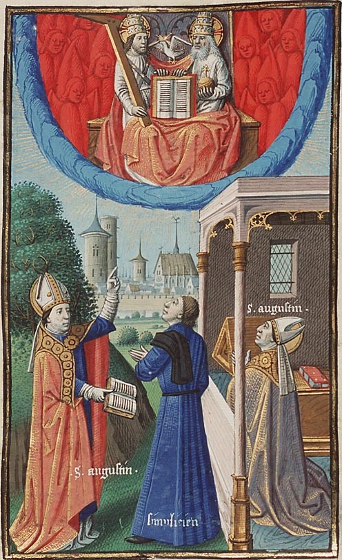 Buchmalerei aus Augustinus' „Gottesstaat” von Maître François, um 1477: Simplicianus diskutiert mit Augustinus über die Dreieinigkeit