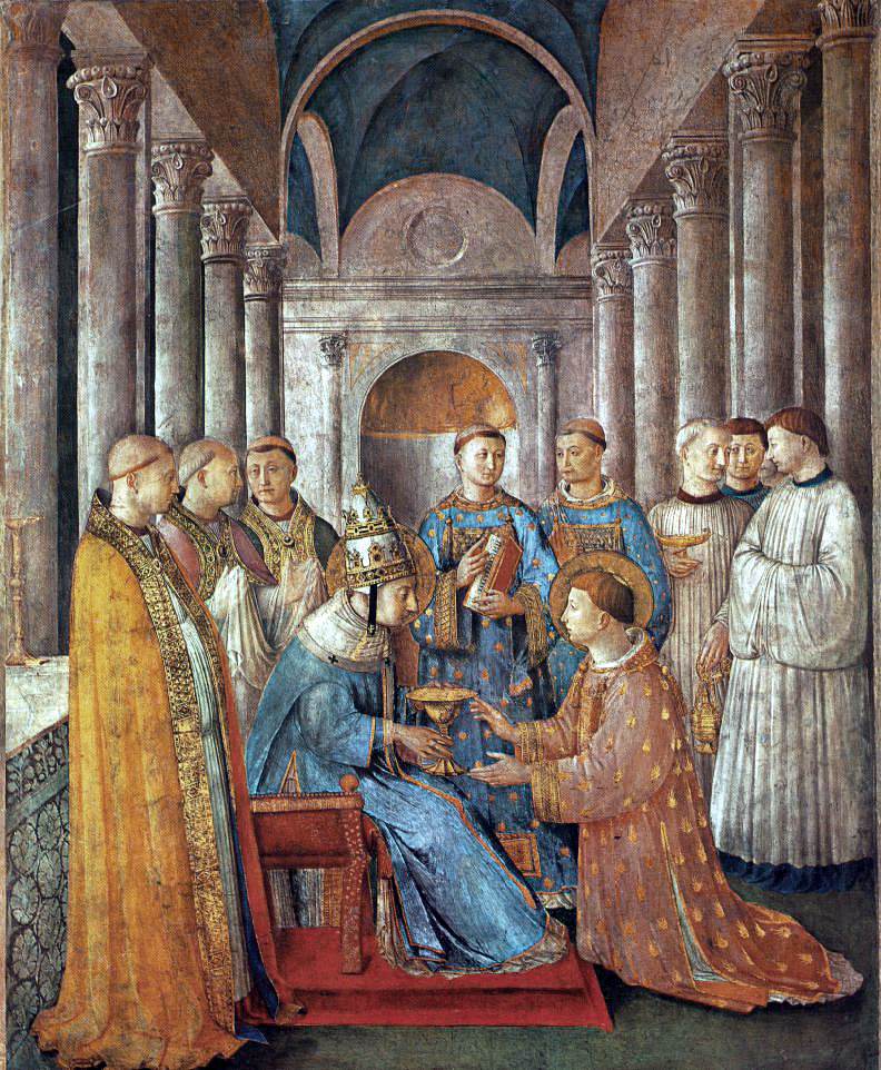 Fra Angelico: Papst Sixtus ordiniert Laurentius, Fresko. 1447 - 49, in der Cappella Niccolina der Palazzi Pontifici im Vatikan