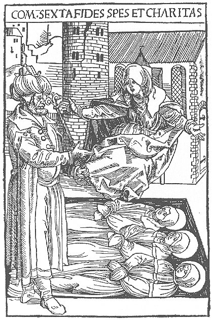 Albrecht Dürer: Kaiser Hadrian und Sophia vor dem Grab von Fides, Spes und Caritas, Holzschnitt, um 1505, im Kupferstich-Kabinett im Schloss in Dresden