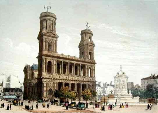 Philippe Benoist: Kirche St. Sulpice in Paris, Tonlitho von zwei Steinen, aquarelliert, um 1850