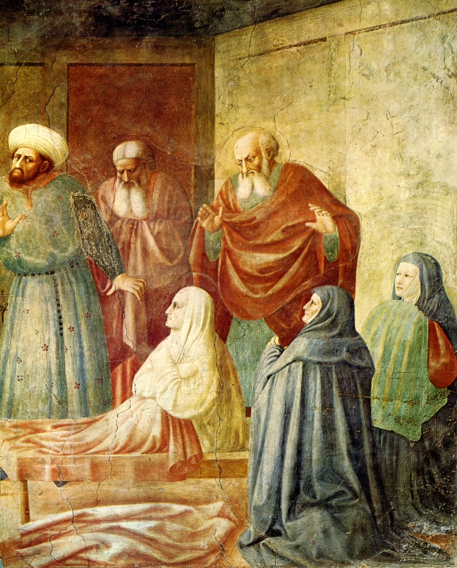 Masolino da Panicale: Auferweckung der Tabita, 1426 - 1427, Fresko in der Kirche del Carmine in Florenz