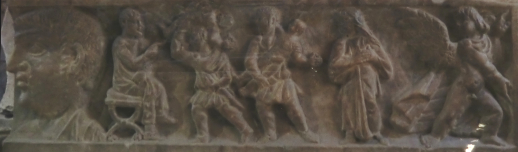 Auferweckung der Tabita durch Petrus, Relief am Sarg des Cedonius, 4. Jahrhundert, in der Krypta der Basilika Ste-Madeleine in St-Maximin-la-Sainte-Baume
