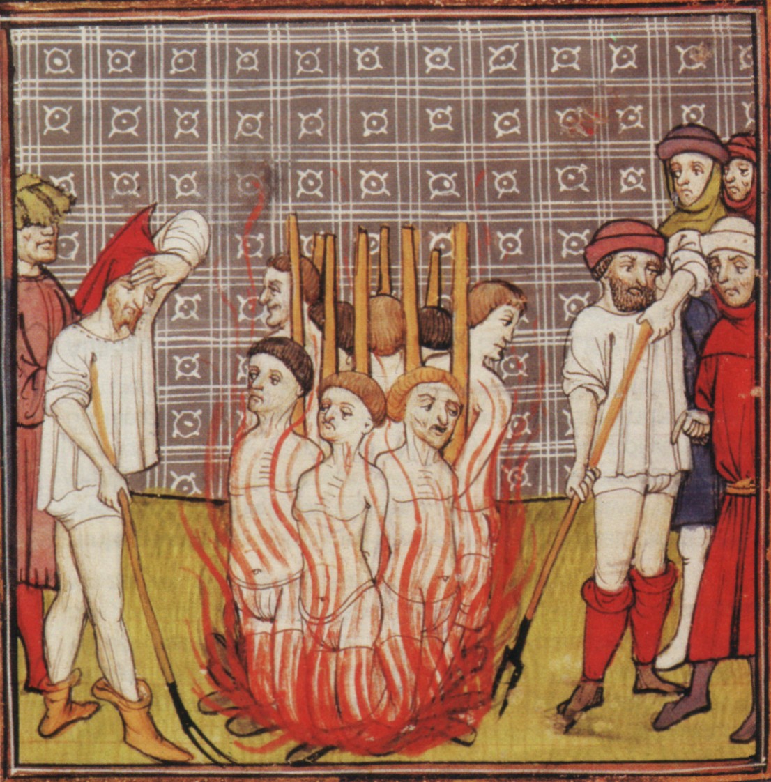 französische Buchmalerei: Templer werden auf dem Scheiterhaufen hingerichtet, um 1400