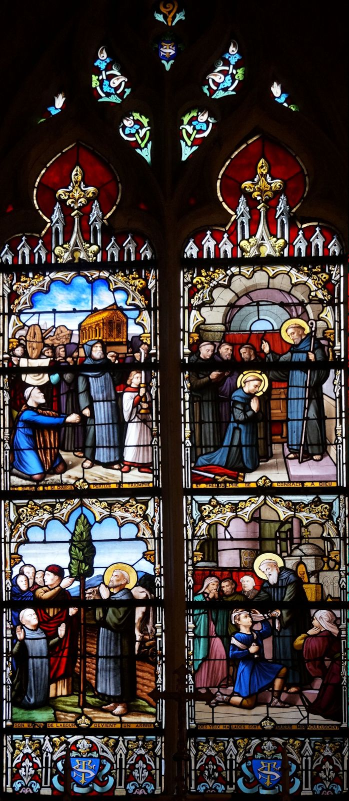 Glasfenster: Theodulphs Leben, 19.  Jahrhundert, in der ihm geweihten Kirche in Trigny bei Reims