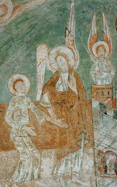 Theudarius (links) vor dem himmlischen Jerusalem, Fresko imn der Klosterkirche in Saint-Chef, 12. Jahrhundert