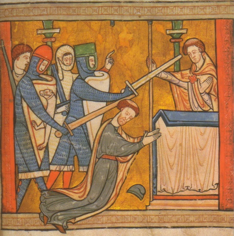 Buchmalerei, Ende des 12. Jahrhunderts: Thomas' Martyrium vor dem Altar in der Kathedrale von Canterbury