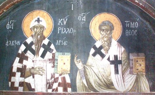 Timotheus (rechts) mit Cyrill von Alexandria, Fresko im Kloster Gračanica im Kosovo