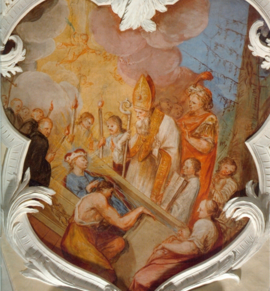 Antonio Francesco Giorgioli: Die Öffnung von Trudperts Grab im Beisein des Bischofs von Konstanz, 1722, in der Kirche des ehemaligen Klosters St. Trudpert