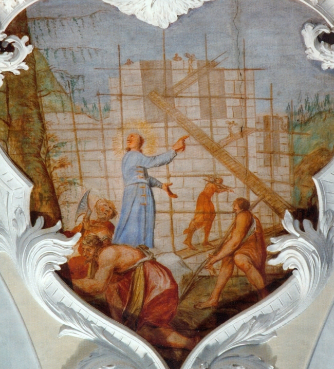 Antonio Francesco Giorgioli: Trudpert beim Bau der Kirche in St. Trudpert, 1722, in der Kirche des ehemaligen Klosters