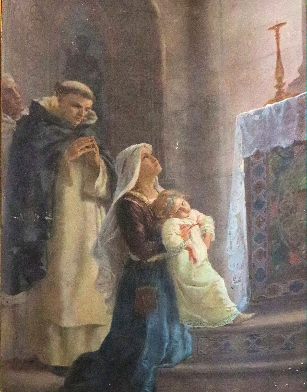 Cecrope Barilli: Ursulas Mutter mit ihrem Kind bittend vor dem Altar von Petrus „dem Märtyrer”, Fresko, 1887, in der Kirche San Quintino in Parma