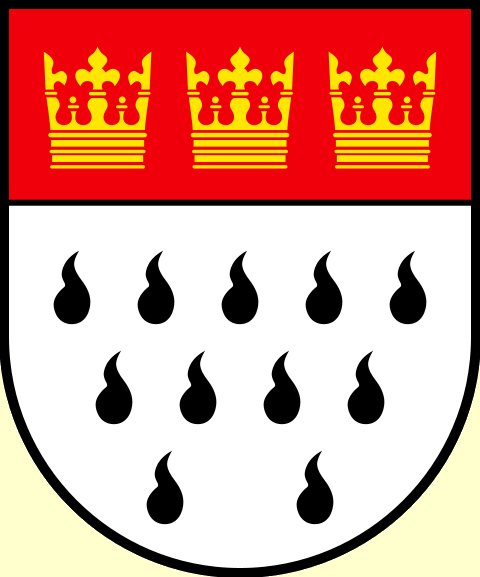 kleines Wappen der Stadt Köln: 3 Kronen für die Heiligen drei Könige und 11 Flammen für die Jungfrauen