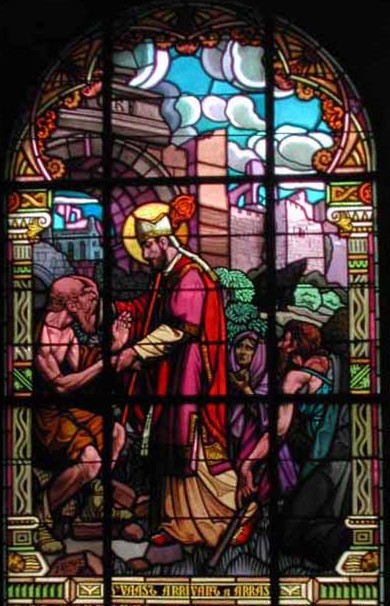 Glasfenster: Vedastus tauft, im Haus der Diözese St. Vaast in Arras