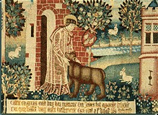 Vedastus zähmt den Bären, Wandteppich, 15. Jahrhundert, im Musée des Beaux-Arts in Arras
