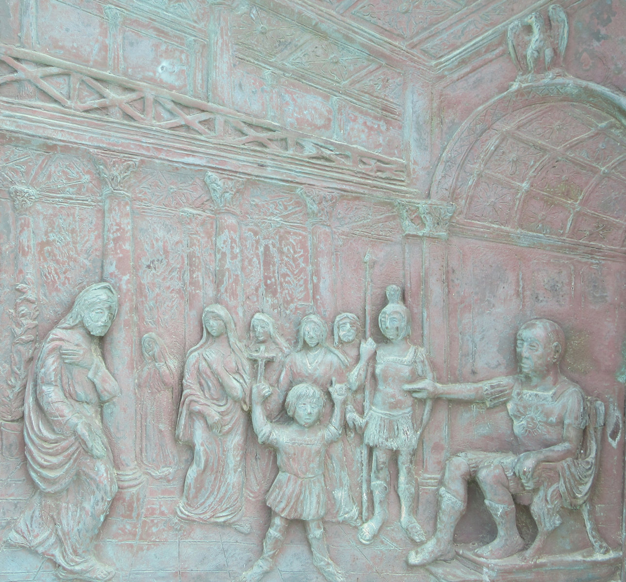 Bronzerelief: Veit steht vor dem Richter, an der Tür der Kirche San Vito a Mare in Mazara del Vallo