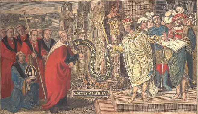 Stich von T. King, 1807, nach einem Gemälde von Theodor Bernardi von Amsterdam aus dem Jahr 1519: Der König der Westsachsen, Cedwall, empfängt den aus York vertriebenen Bischof